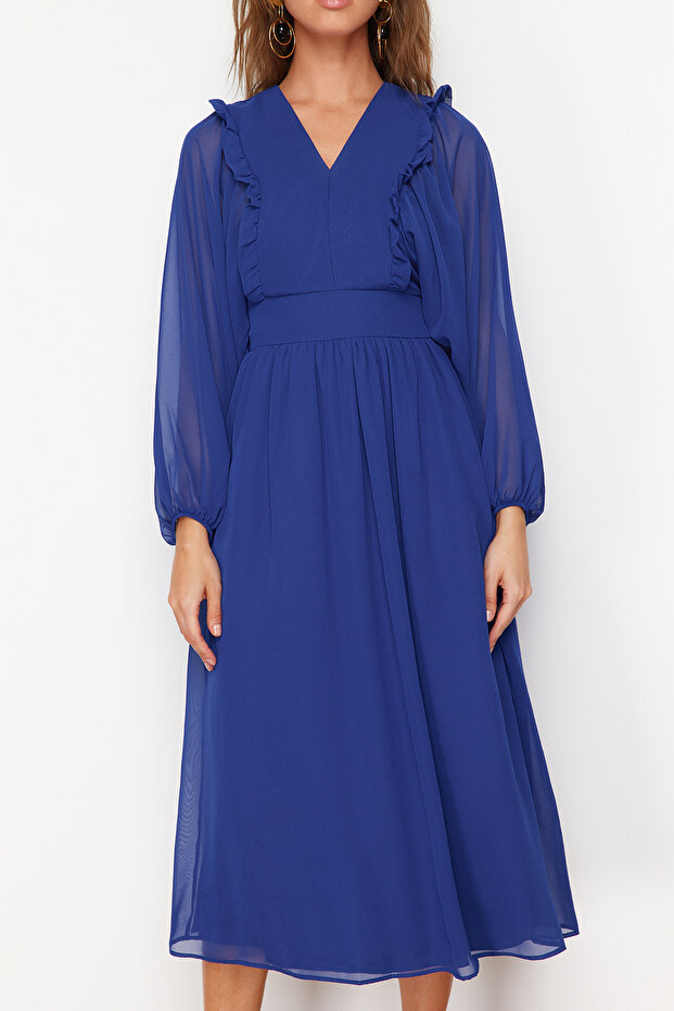 Saks Minimal Desenli Şifon Astarlı Dokuma Elbise TCTSS24EB00035 - 4