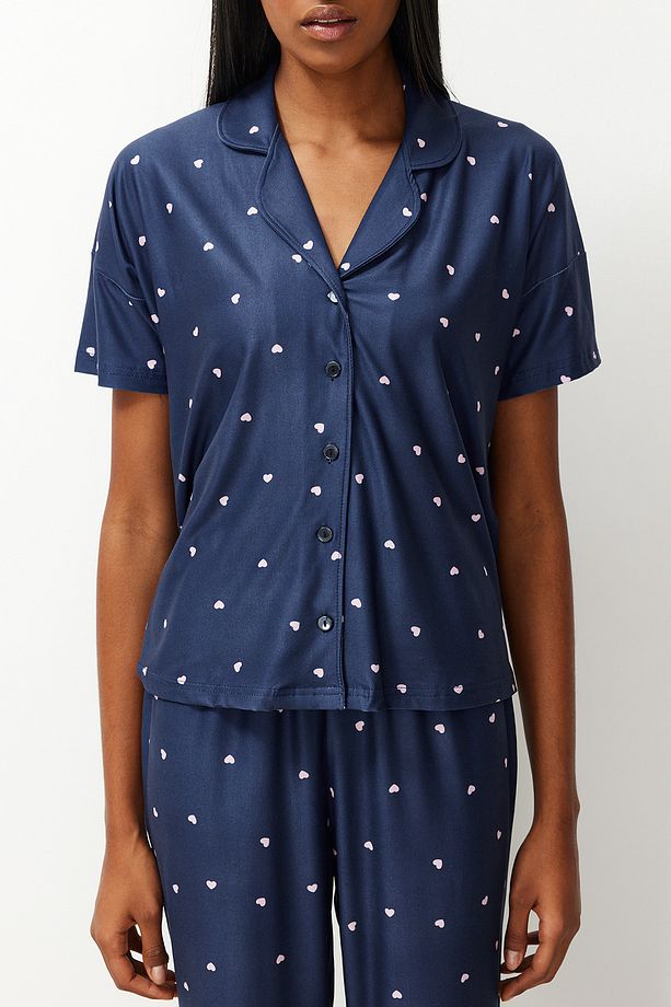 Lacivert Kalpli Örme Pijama Takımı THMSS24PT00286 - 4