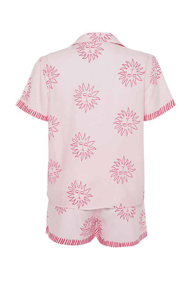 Pembe Güneş Desenli Viskon Şortlu Dokuma Pijama Takımı THMSS24PT00009 - 8
