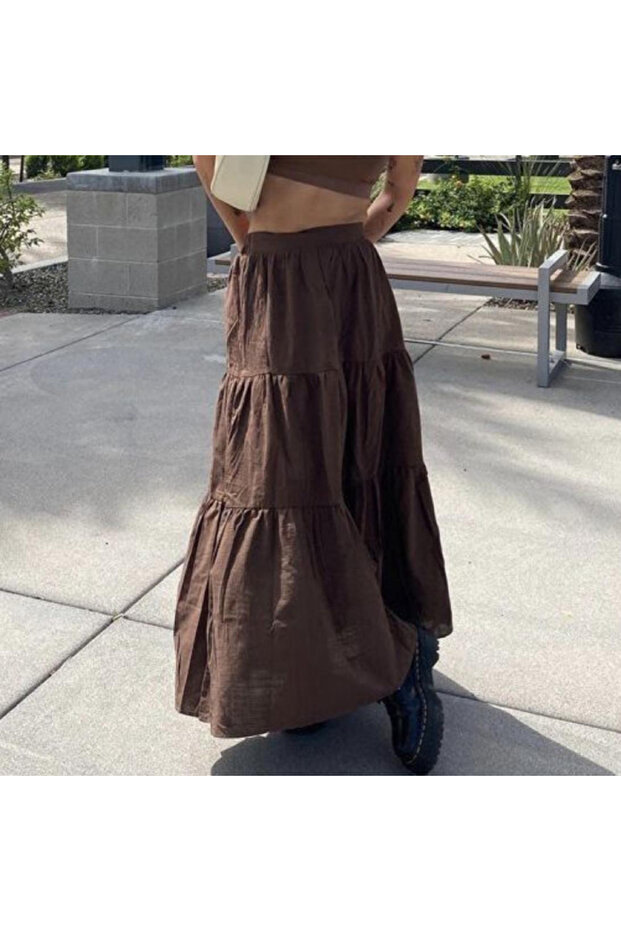 Loose Cut Brown Long Skirt - Elastic Waist