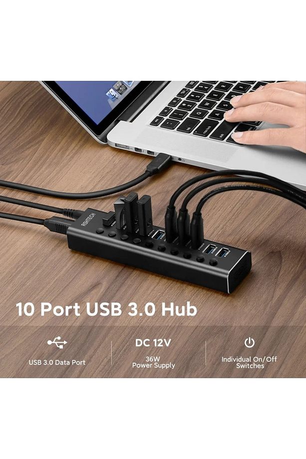 Alüminyum 5 Gbps 10 Port Usb 3.0 Data  Hub 12w 3A Power Adaptör Çevirici Dönüştürücü 10 Girişli - 3