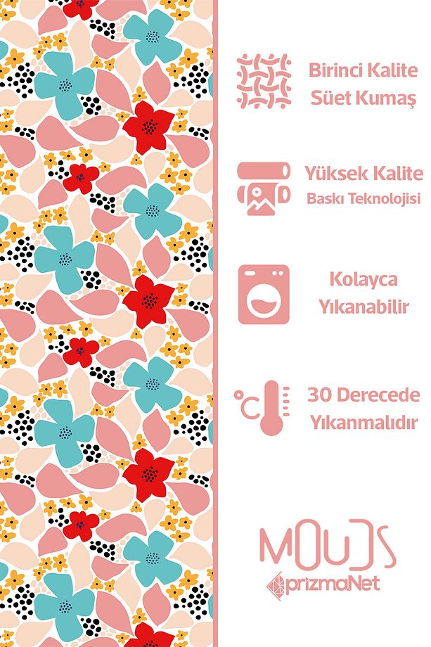 Canlı Renkli Çiçekler Desenli Süet Oturma Odası Salon Fon Perde Ekstrafor Büzgü 2 Kanat PRD-1033 - 6