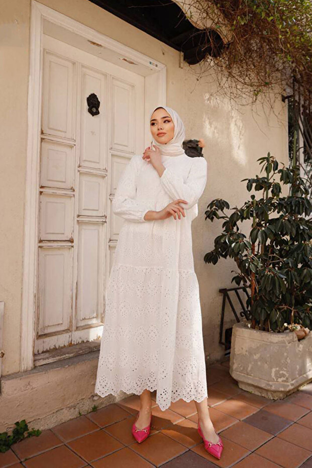 1073 Dantelli Elbise Beyaz - 3