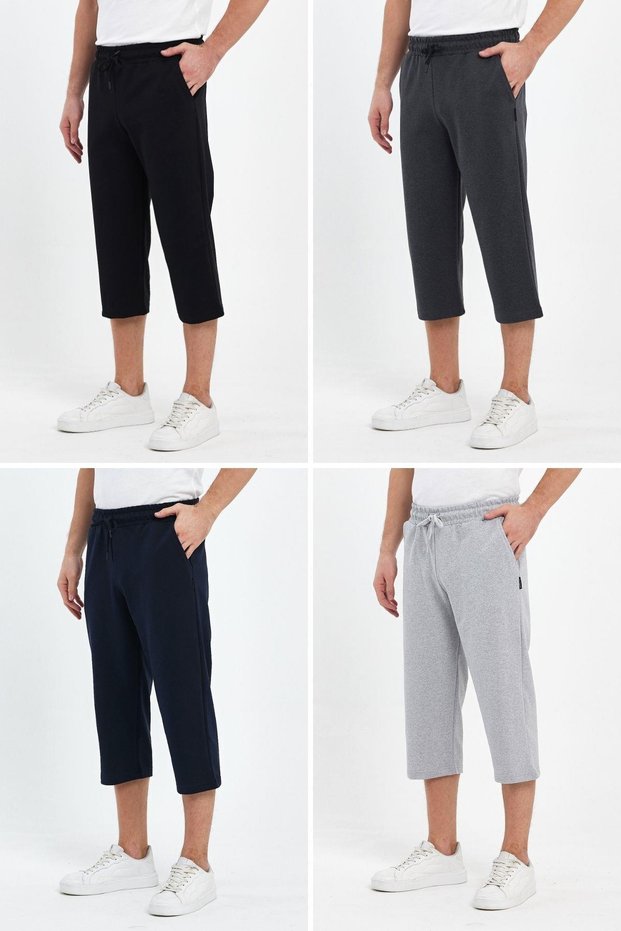 Men's 4-Piece Bermuda Knee-Length Capri Shorts with Side Pockets and Adjustable Elastic Waist