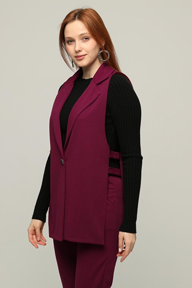 Plus Size Crepe Skuba Vest Trousers Double Set-BORDO