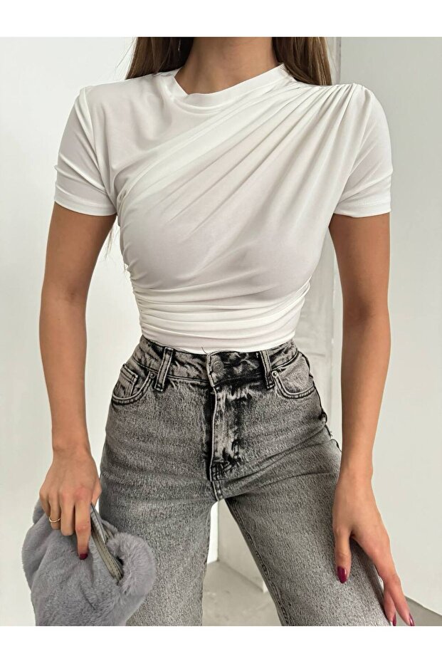 Women's Shoulder and Waist Drawstring Draped Blouse