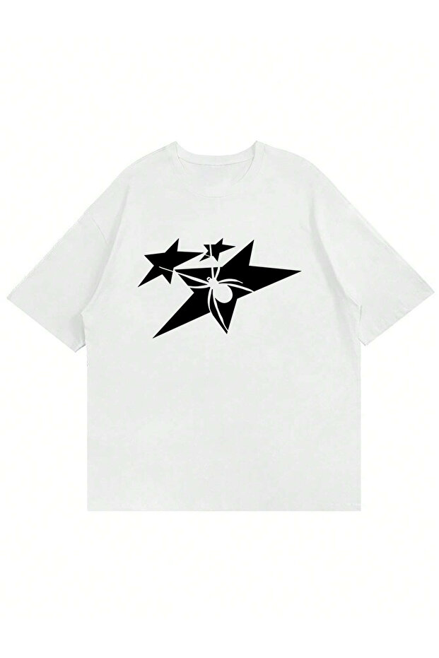 Unisex Star Spider Printed Crew Neck Oversize T-Shirt
