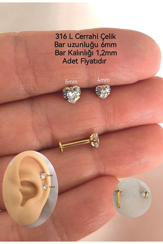 %100 316L Cerrahi Çelik Tek Taç Kalp Labret Pıercıng-Bar Uzunluğu 6 mm-1 adet - 1