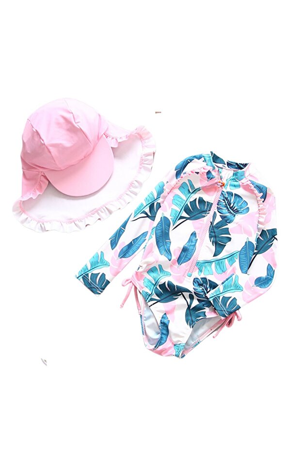 Upf50+ Girl's Swimsuit White Pink Green Leaf Pattern Easy Wear Cool Swimsuit Hat Set