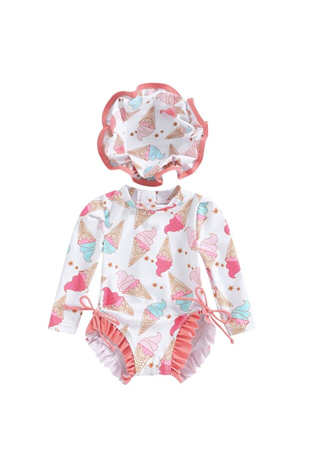 Extreme Cute Sun Protection Long-Sleeved Ice Cream Swimsuit and Hat Set