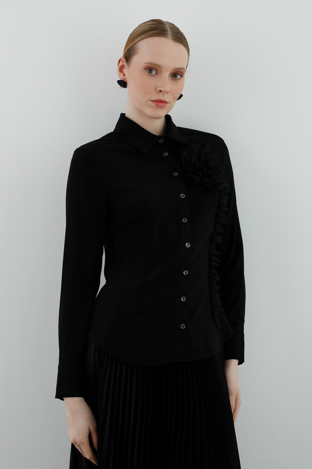 Dökümlü Uzun Kollu Siyah Basic Bluz - 1