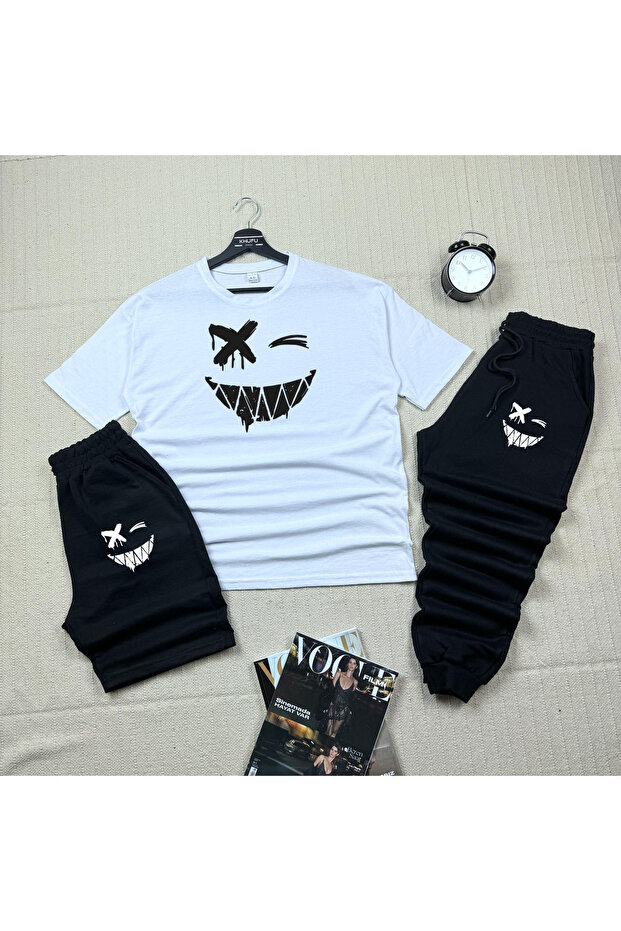 Oversize WHITE Relaxed Cut Smiling Face Printed T-shirt Black Shorts and Sweatpants 3-Piece Set Unisex