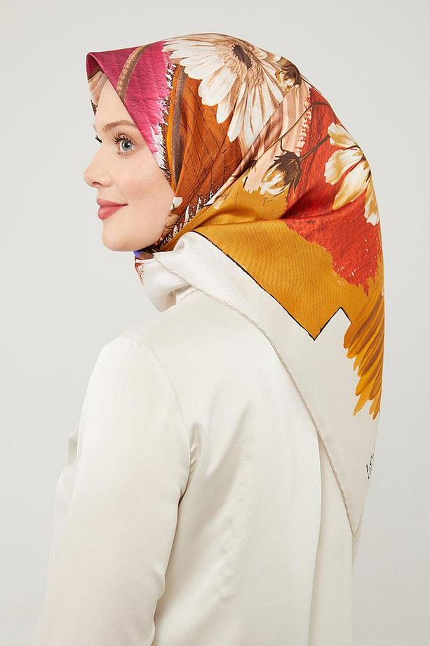 Sütlü Kahve Çiçek Desen Pure Saf İpek - 3