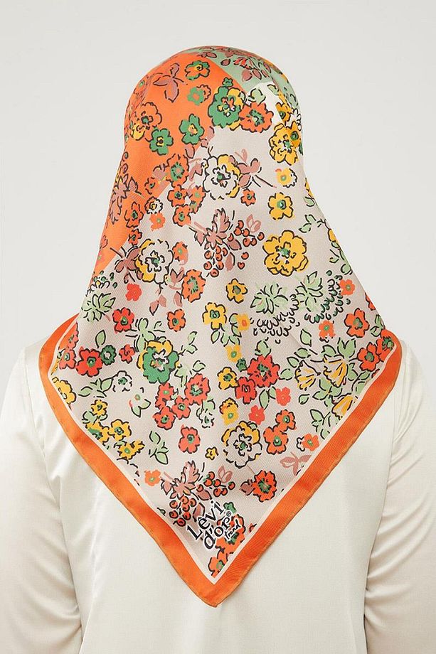 Turuncu Mine Çiçeği Trend Twill Eşarp - 4