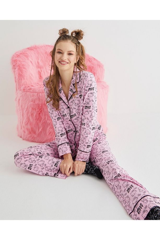 Lisanslı Düğmeli Uzun Kol 100% Pamuklu Pijama Takım Roz-53 - 4