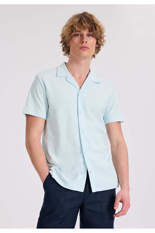Light Blue Cotton Terry Fabric Regular Fit Short Sleeve Men's Shirt Breeze Towelling