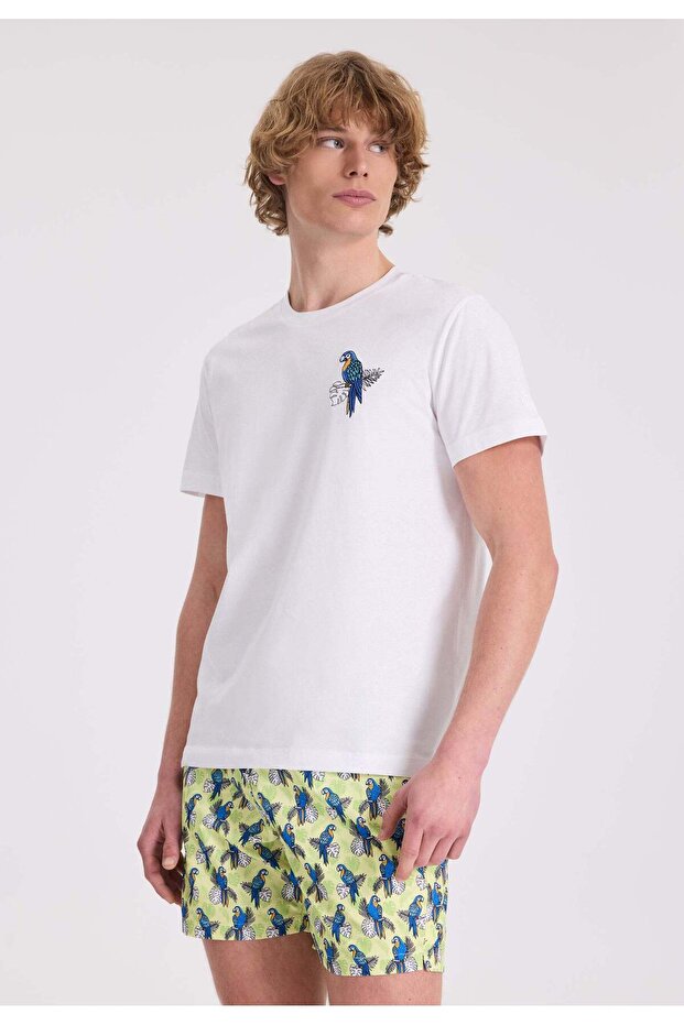 White Printed Crew Neck Organic Cotton Regular Fit Men's T-Shirt WMEMBROIDERY PARROT