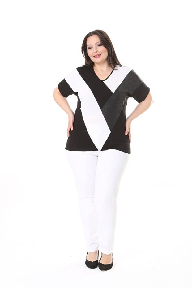 Black and White Striped V-Neck Blouse