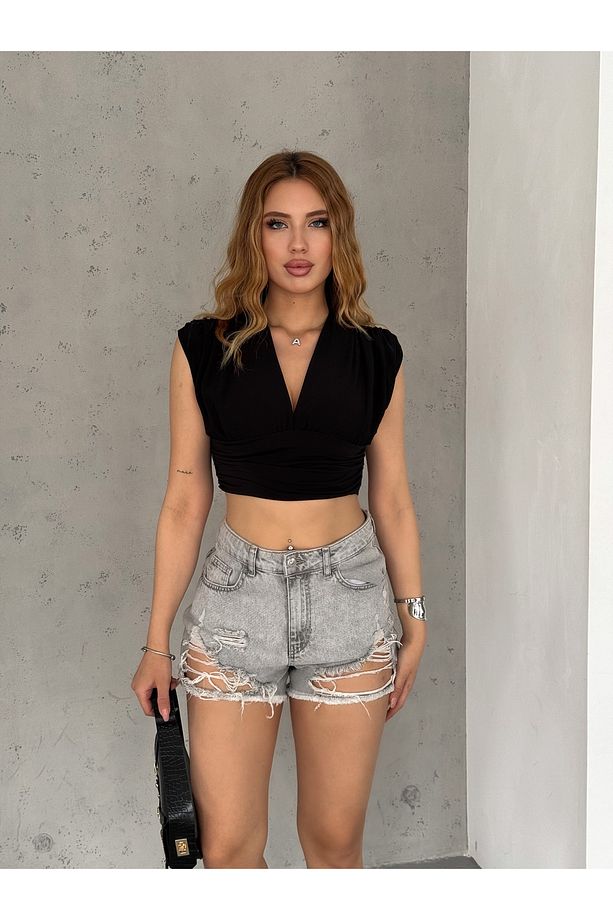 Kadın Siyah Sıfır Kol Derin V Yaka Önü Çift Kat Sandy Kumaş Örme Crop Bluz - 3