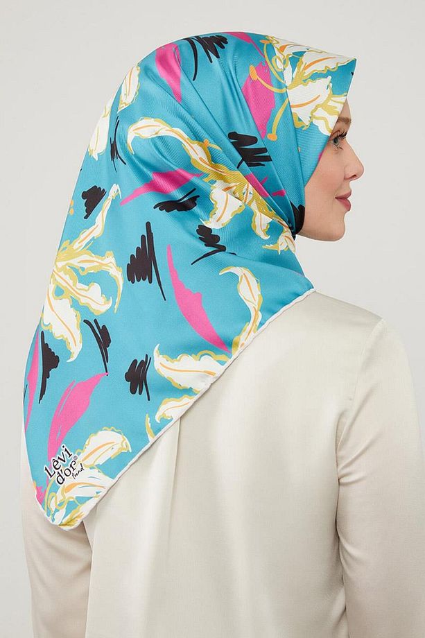 Su Yeşili Yaprak Desen Twill Eşarp - 1