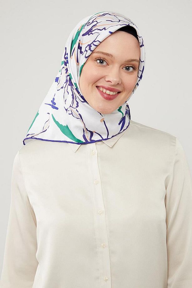 Mor Yaprak Desen Twill Eşarp - 2