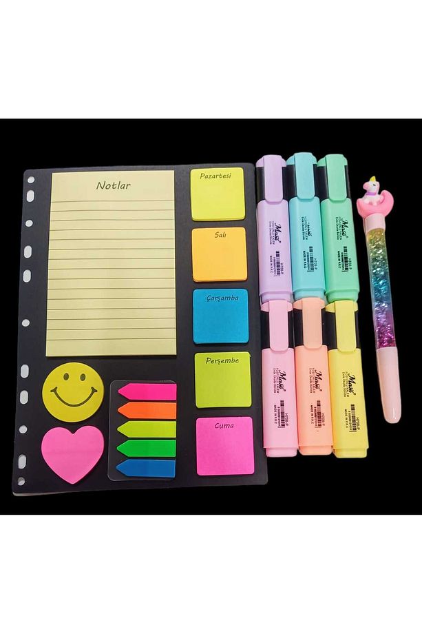 Yapışkanlı Notluk Post-it Seti 6 Lı fosforlu Kalem seti Simli Sulu Jel kalem Set - 3
