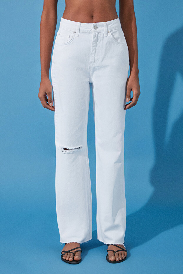 Beyaz Yırtıklı Yüksek Bel Wide Leg Jeans TWOSS24JE00167 - 4