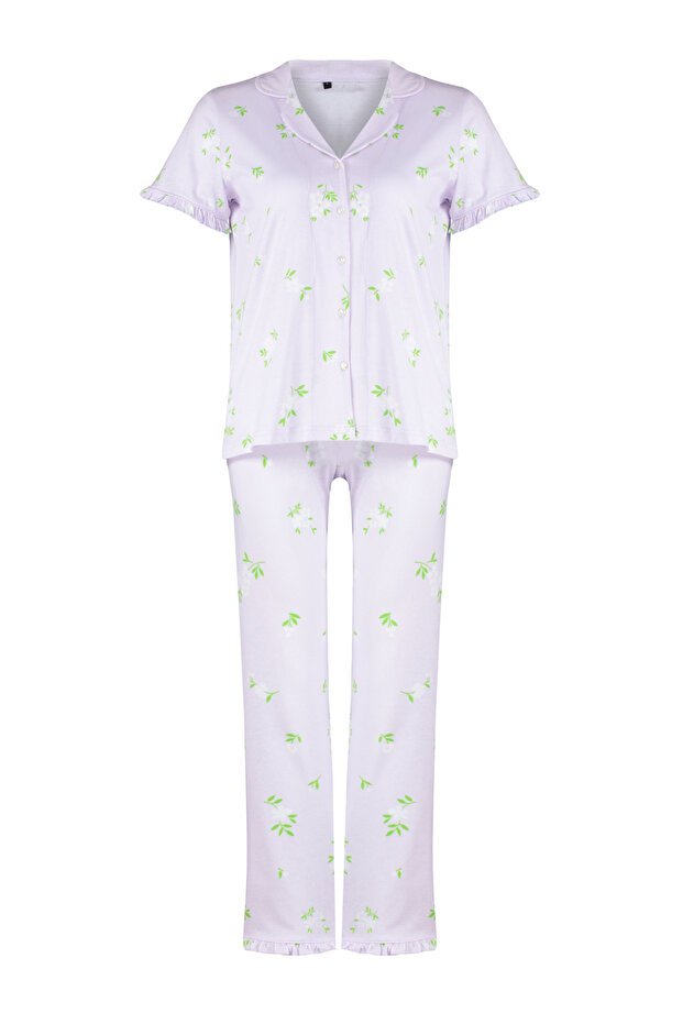 Pembe-Çok Renkli %100 Pamuklu Çiçekli Fırfır Detaylı Örme Pijama Takımı THMSS24PT00227 - 7