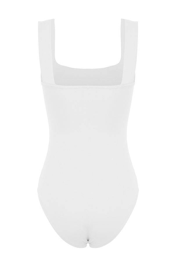Beyaz Fitted/Vücuda Oturan Sırtı Detaylı Kare Yaka Çıtçıtlı Esnek Örme Body TWOSS24BD00026 - 8