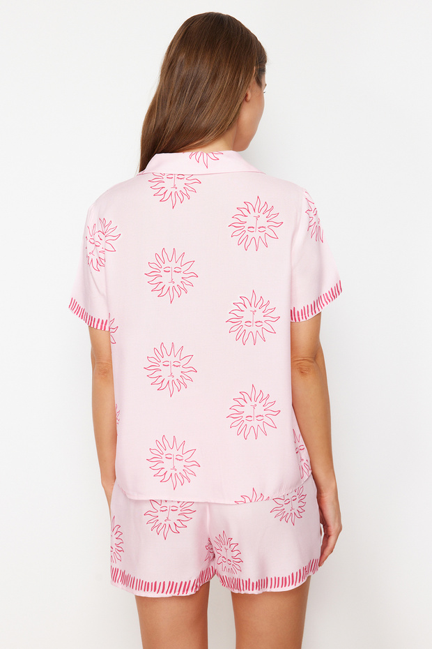 Pembe Güneş Desenli Viskon Şortlu Dokuma Pijama Takımı THMSS24PT00009 - 6