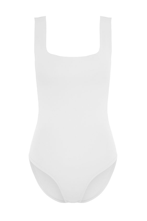 Beyaz Fitted/Vücuda Oturan Sırtı Detaylı Kare Yaka Çıtçıtlı Esnek Örme Body TWOSS24BD00026 - 7