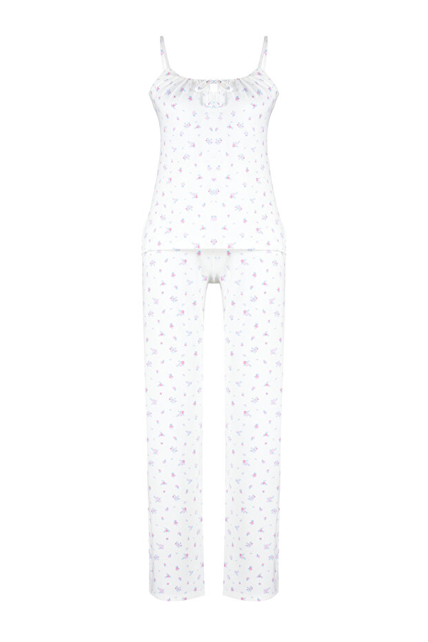 Beyaz-Çok Renkli Çiçekli Bağlamalı ve İp Askılı Örme Pijama Takımı THMSS24PT00233 - 7