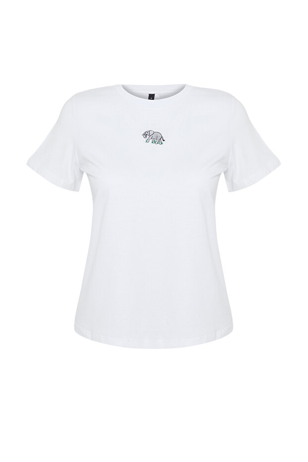 Beyaz %100 Pamuk Nakışlı Regular/Normal Kalıp Örme T-Shirt TWOSS24TS00160 - 7