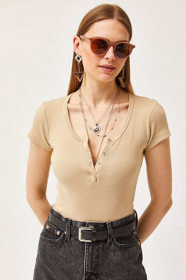 Kadın Taş Çıtçıtlı Kaşkorse T-Shirt BLZ-19000171 - 3