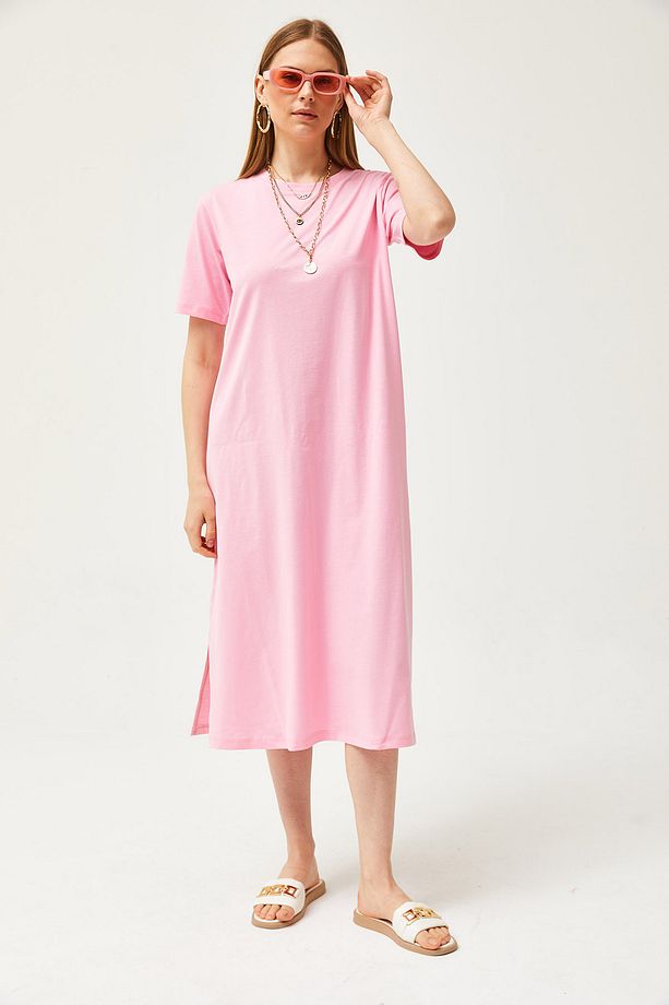 Kadın Pembe Yanı Yırtmaçlı Oversize Pamuk Elbise ELB-19001880 - 3