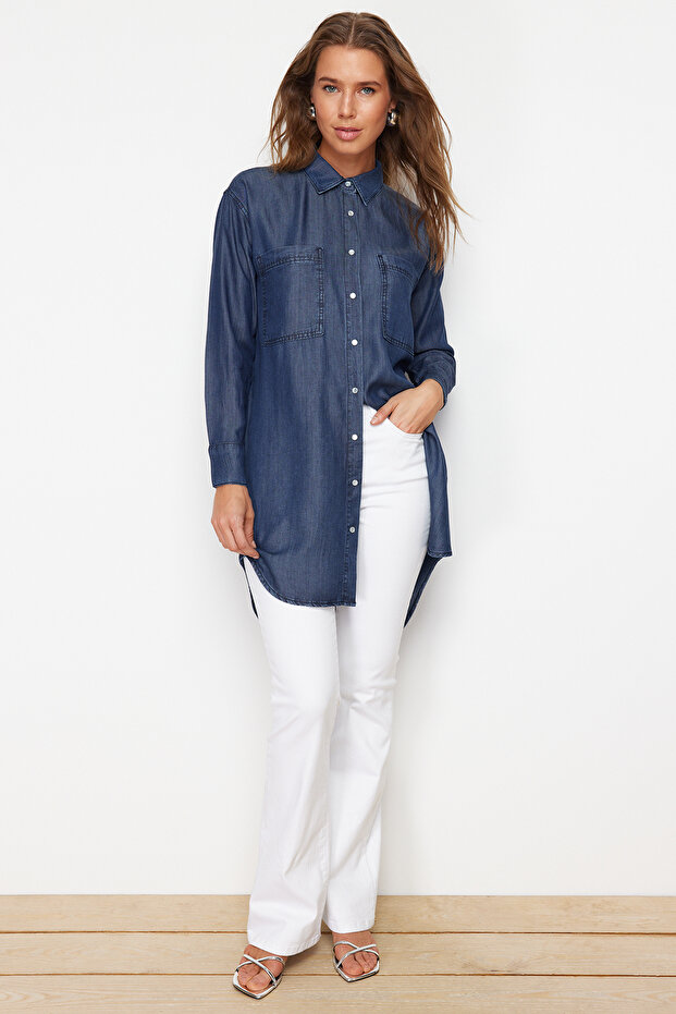Koyu Mavi Oversize Tencel Denim Modest Gömlek TWOSS24GO00154 - 2