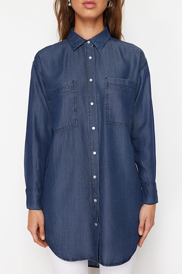 Koyu Mavi Oversize Tencel Denim Modest Gömlek TWOSS24GO00154 - 5