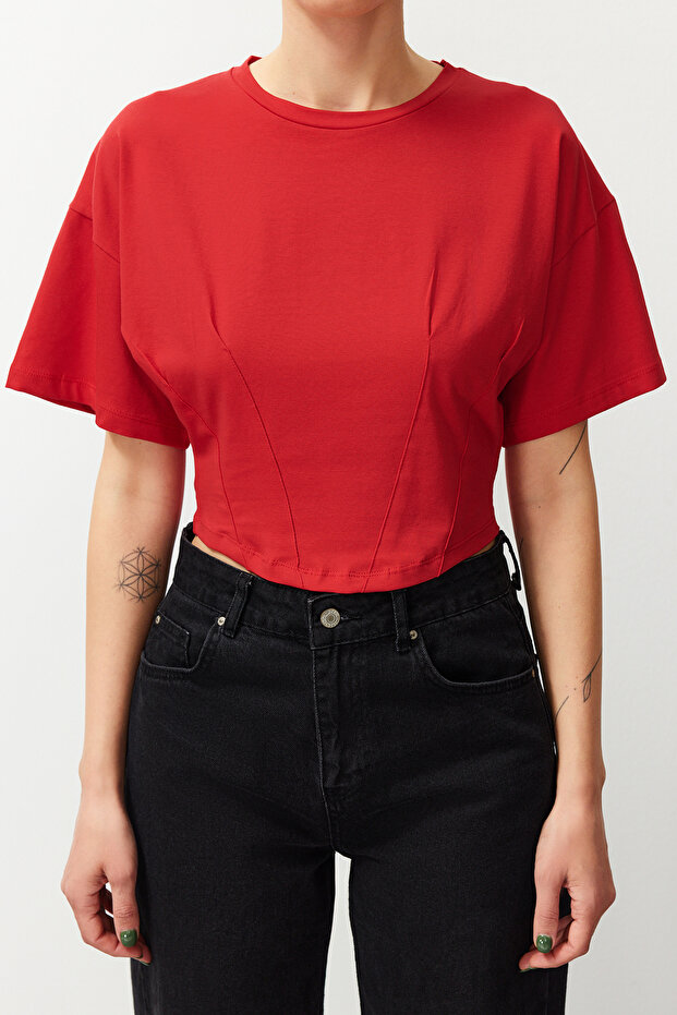 Kırmızı Crop Örme T-Shirt TEDSS24TS00008 - 3