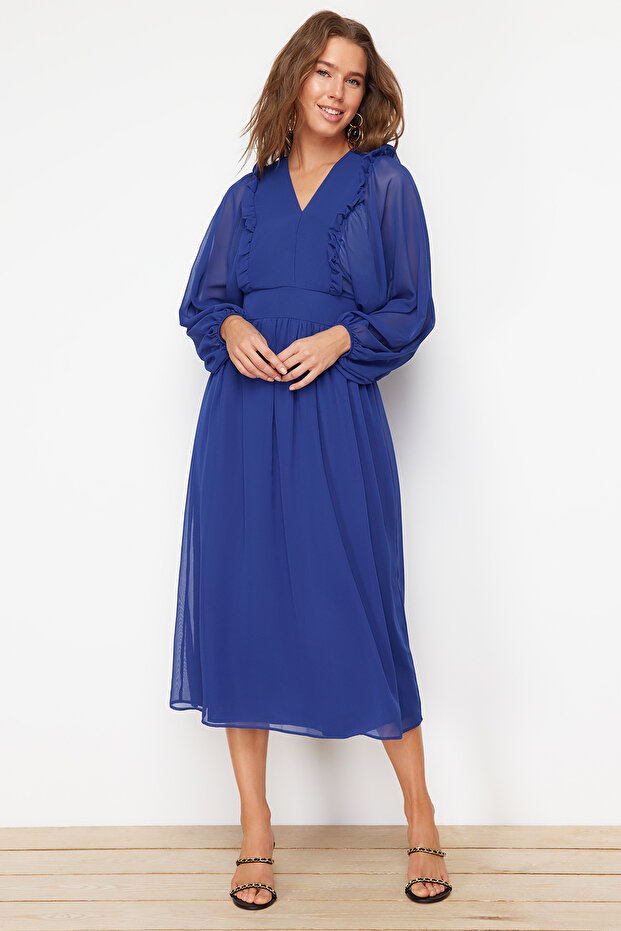 Saks Minimal Desenli Şifon Astarlı Dokuma Elbise TCTSS24EB00035 - 1