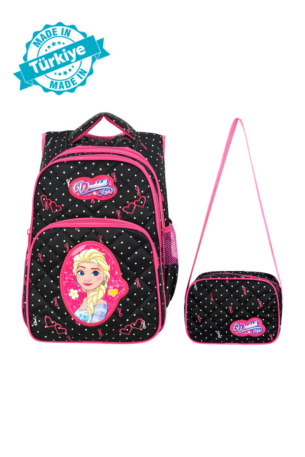 Black Spotted Ice Girl Patterned Orthopedic Primary School Bag with Lunch Bag