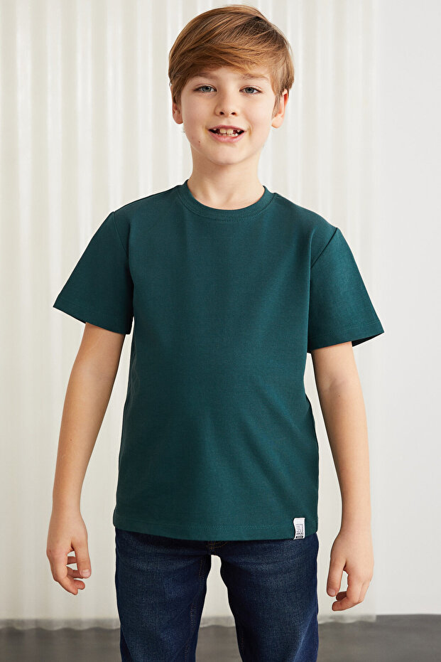 LORENZ Boy's 100% Cotton Crew Neck Relaxed Fit Short Sleeve Petrol Green T-Shirt
