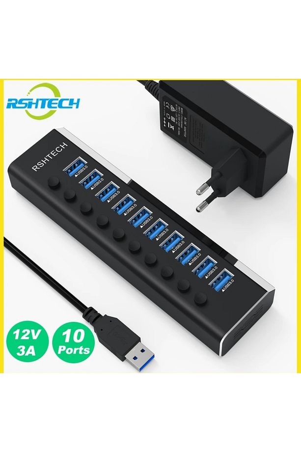 Alüminyum 5 Gbps 10 Port Usb 3.0 Data  Hub 12w 3A Power Adaptör Çevirici Dönüştürücü 10 Girişli - 1