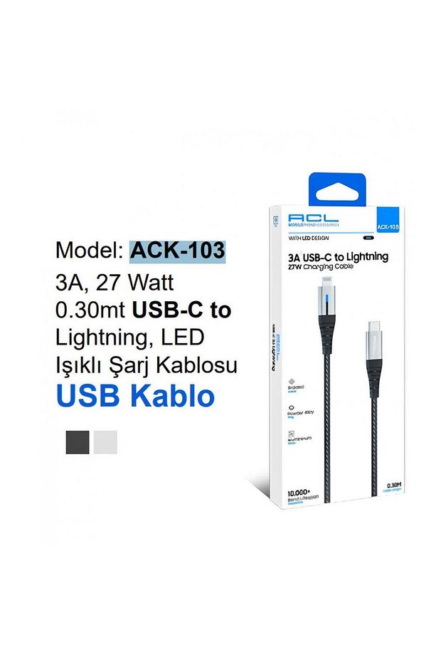 Ack-103 3A, 27 Watt 0.30mt Usb-C to Uyumlu Lightning Led Işıklı Şarj Kablosu Usb Kablo - 1