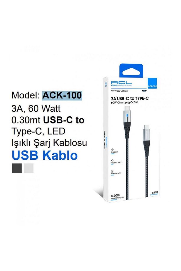 Ack-100 3A, 60 Watt 0.30mt USB-C to Type-C Led Işıklı Şarj Kablosu Usb Kablo Uyumlu - 1