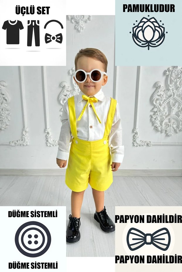 Yellow Short Salopet And White Shirt Set Boys Girls Holiday Special Daily Children's And Baby Clothing