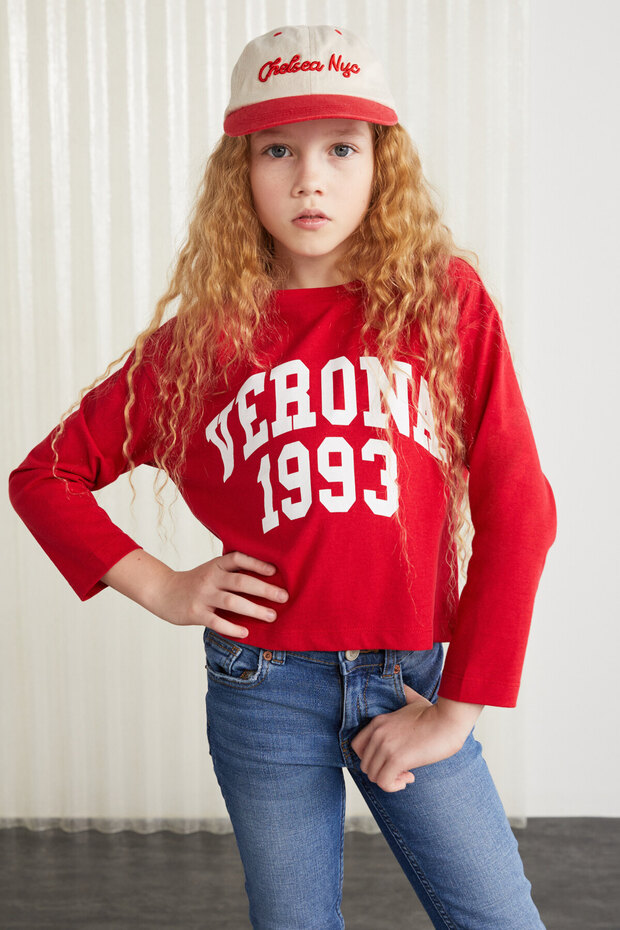 CHERLY-GRM24020-100% cotton printed girl's long sleeve tshirt Red T-Shirt