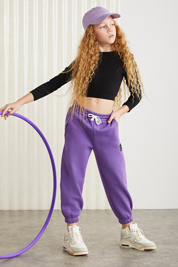 INGRID-GRM24033 75% pamuk 25% polyester süs etiketli  şardonlu  iplik kız çocuk jogger Mor Eşofman A - 3