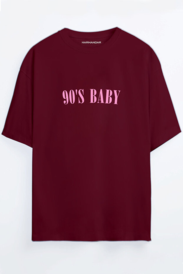 تي شيرت أزرق كبير الحجم مطبوع عليه 90's Baby باللون العنابي