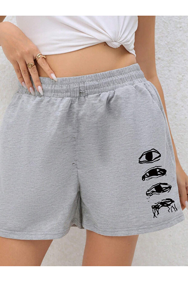 Eyes Shorts - Gray Printed High Waist Knitted Women's Pockets
