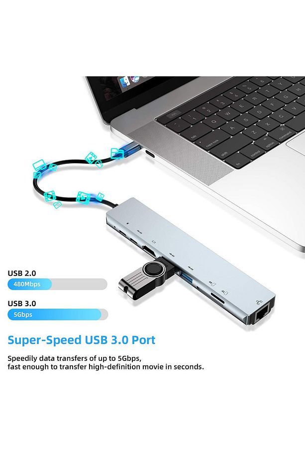 SB Çoklayıcı 8in1 Hub Type-C 4K Hdmı SD TF Kart Okuyucu Usb 3.0 Okuyucu Adaptör - 6